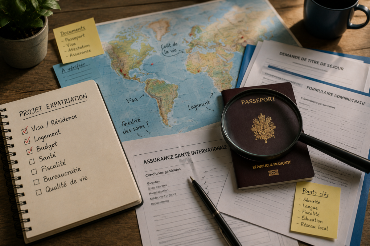 Passeport, documents administratifs et carte annotée utilisés pour vérifier la faisabilité réelle d’un projet d’expatriation avant le départ.