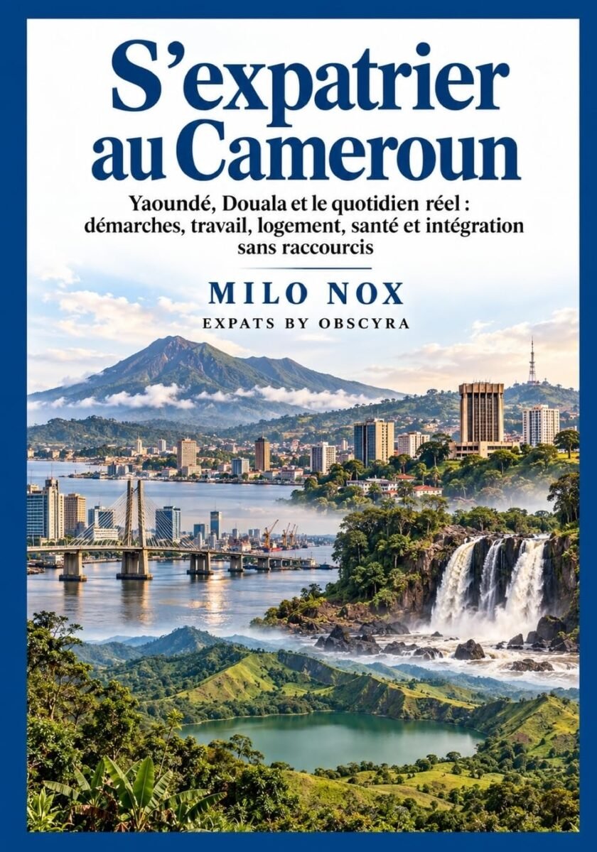 Couverture blanche minimaliste du livre « S’expatrier au Cameroun » de Milo Nox. Le nom de l’auteur figure en haut, suivi du titre en grandes lettres noires à empattements. Sous le titre apparaissent « Yaoundé, Douala et le quotidien réel » et « Démarches, travail, logement, santé et intégration sans raccourcis ». En bas figurent « COLLECTION EXPATS BY OBSCYRA » et « ÉDITION 2026–2027 ». Aucune photographie ni illustration.