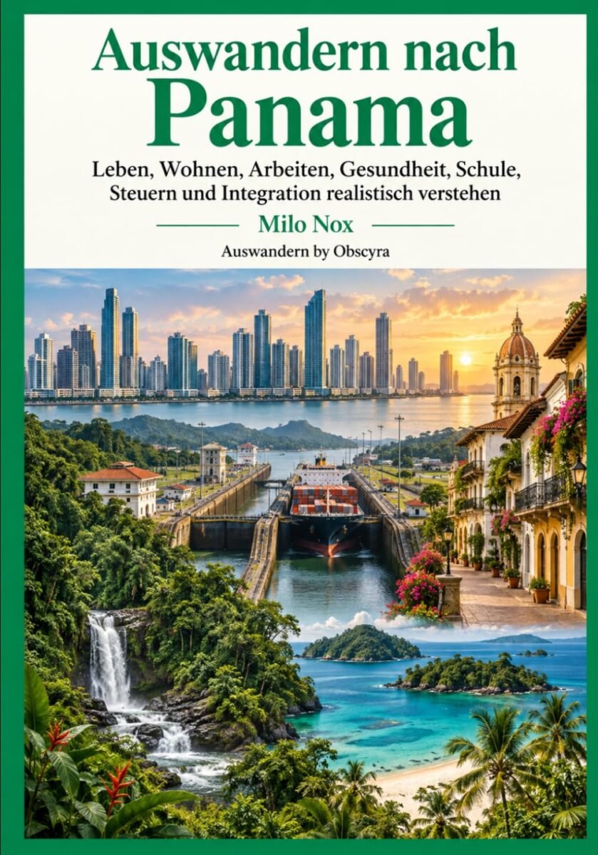 Minimalistisches weißes Buchcover mit dem Titel „AUSWANDERN NACH PANAMA“ in großen schwarzen Serifbuchstaben. Darüber steht „AUSWANDERN BY OBSCYRA“. Unter dem Titel folgt der zweizeilige Untertitel „Verstehen, sich integrieren und ein Leben zwischen Tropen und wirtschaftlichem Wandel aufbauen“. Darunter steht der Autorenname „MILO NOX“. Keine Fotografien oder Illustrationen.