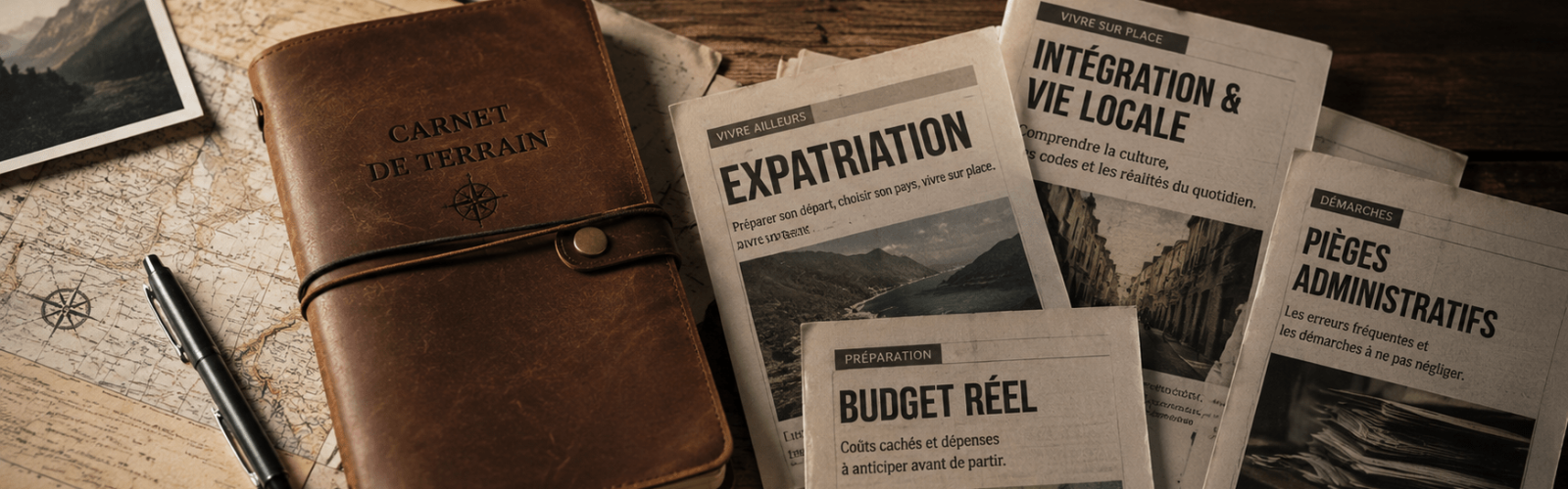 Carnet de terrain posé sur une table avec des cartes et des articles de presse sur l’expatriation, le budget, l’intégration locale et les démarches administratives.